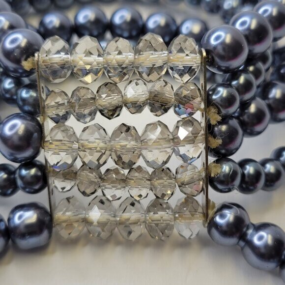 Grey Faux Pearl Stretch Bracelet 5 Strand Wide Faux Pearl Elastic Bracelet - Picture 6 of 8